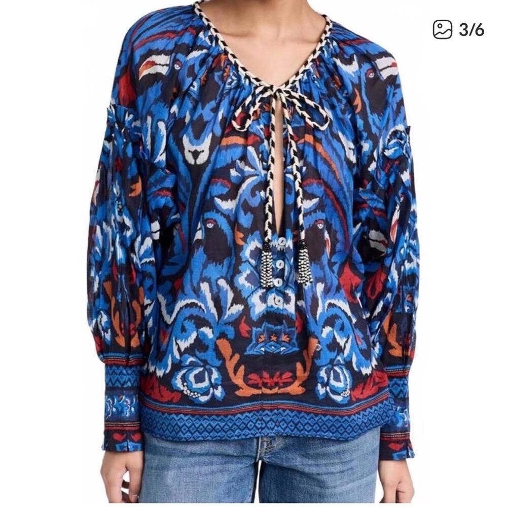 FARM Rio Toucan Printed Blue Peasant Blouse with Multicolor Accents